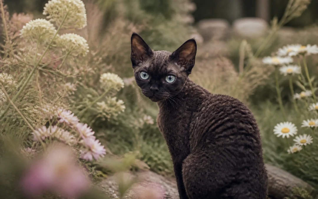 Black cat with striking blue eyes sits among wildflowers in a soft garden setting, facing the camera.